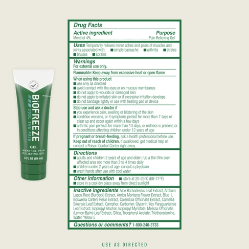 Biofreeze® Pain Relief Gel, 3 fl oz. Tube, Green